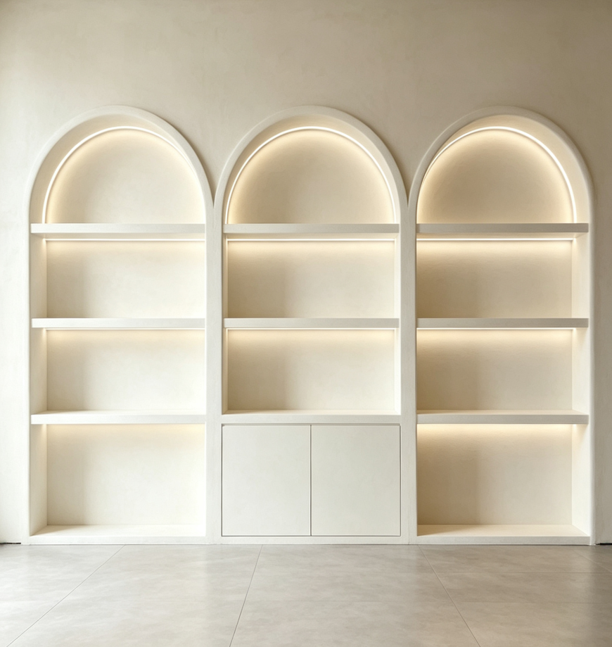 Hati LED Cosmetic Display Cabinet, Arched Open‑Shelf Beauty Salon Cabinet