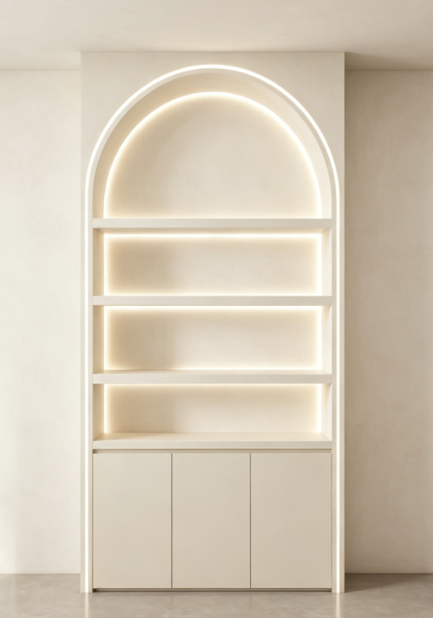Hati LED Cosmetic Display Cabinet, Arched Open‑Shelf Beauty Salon Cabinet