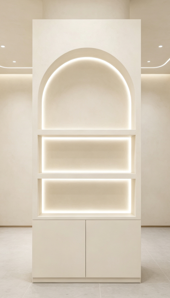 Hati LED Cosmetic Display Cabinet, Arched Open‑Shelf Beauty Salon Cabinet