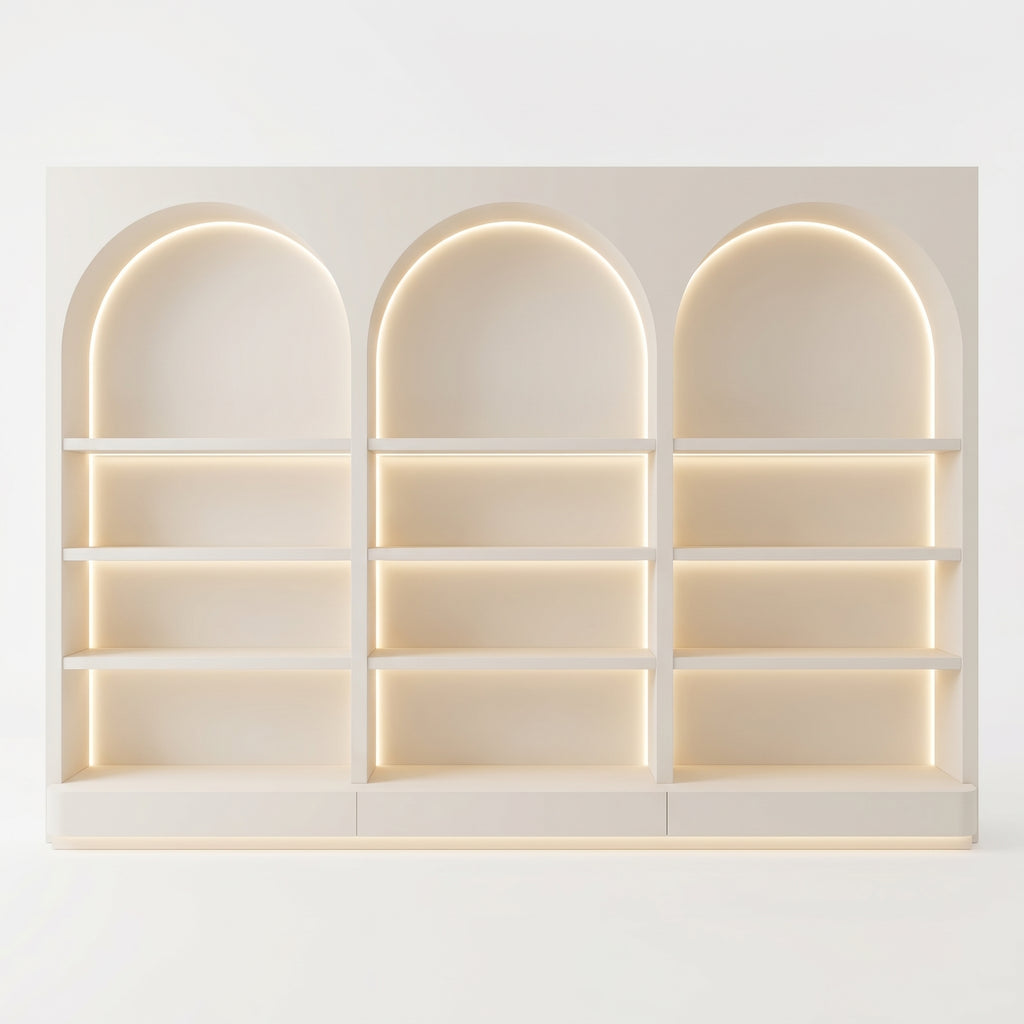 Hati LED Cosmetic Display Cabinet, Arched Open‑Shelf Beauty Salon Cabinet