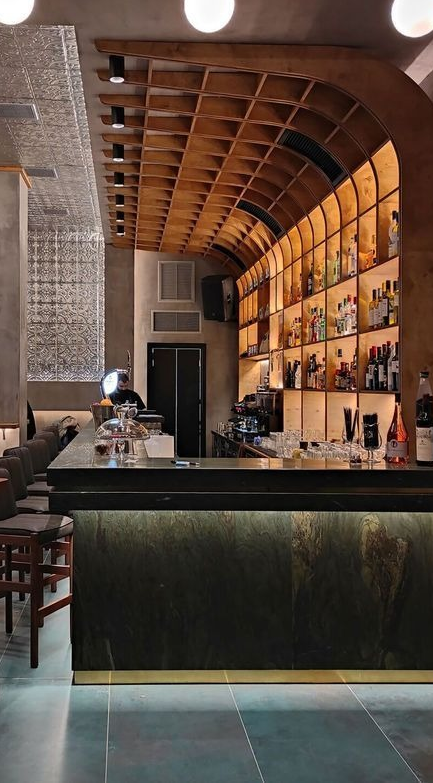 Custom Commercial Bar Counter & Arched Backlit Liquor Display Shelf